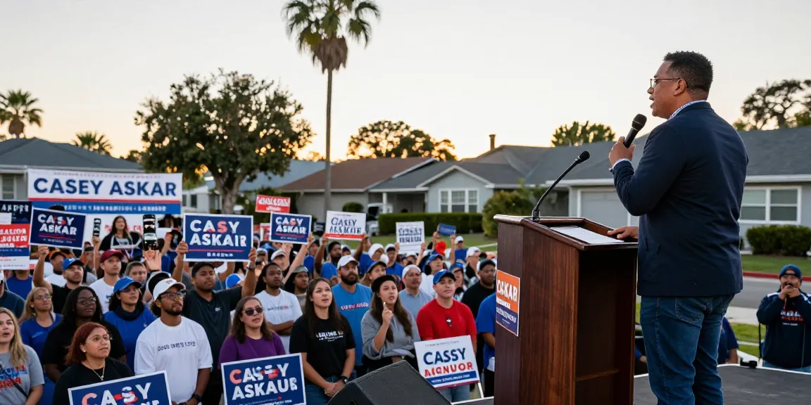 Casey Askar speaking at a rally with supportive crowd in Florida.