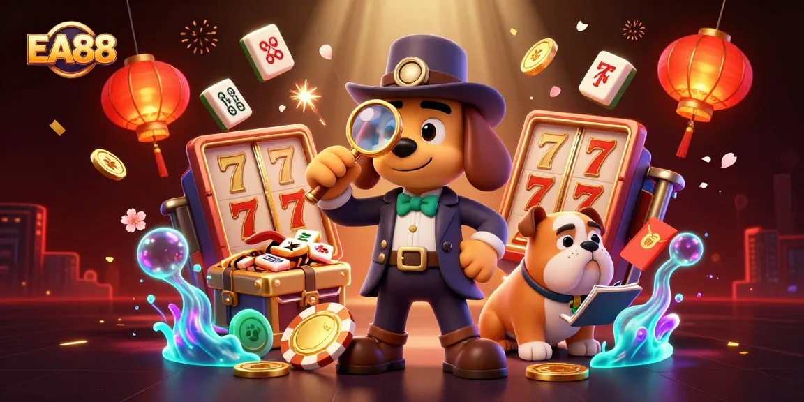 EA88 players discover treasure clues with a 3D detective scene filled with vibrant casino elements.