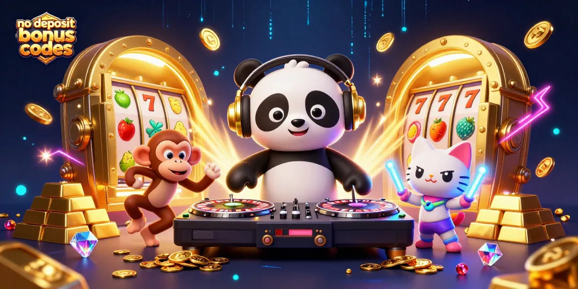Experience thrilling no deposit bonus codes with our vibrant 3D casino illustration featuring a DJ panda, dancing monkey, and rave kitten.