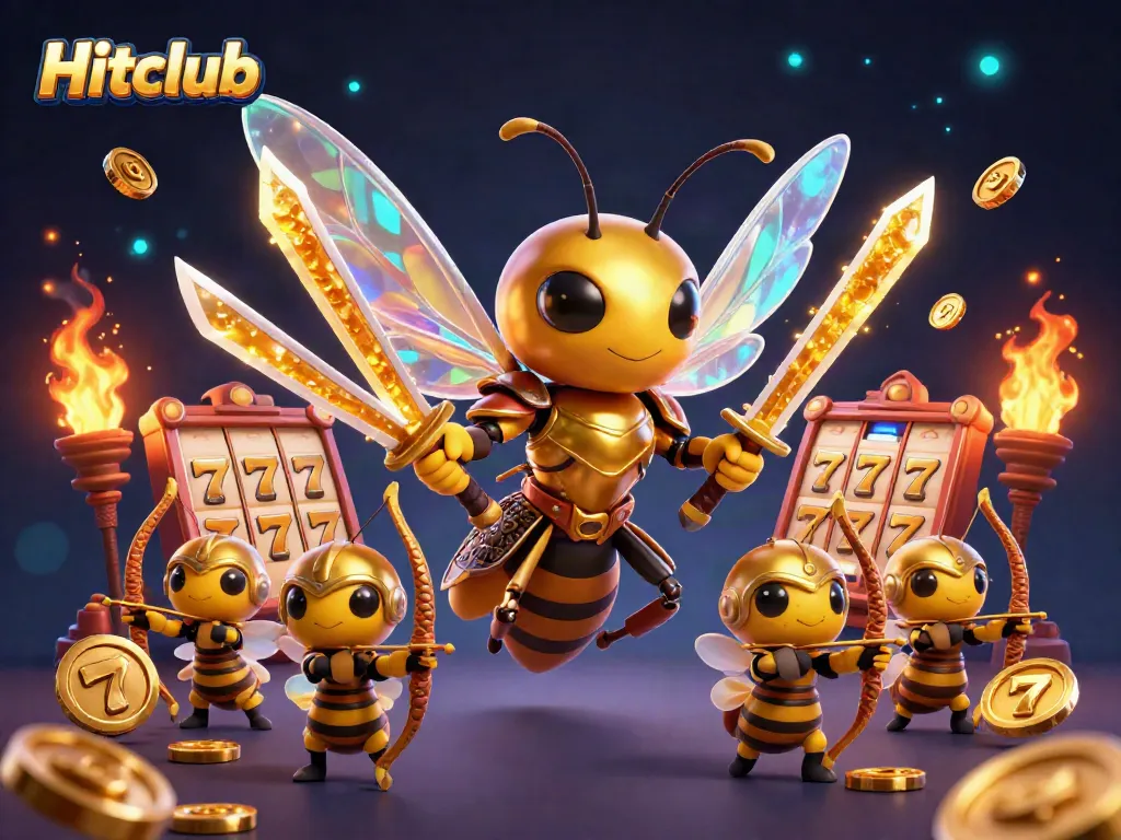 Hitclub showcases an engaging 3D scene with golden hornet samurai and dazzling slot elements, inviting players to win big.