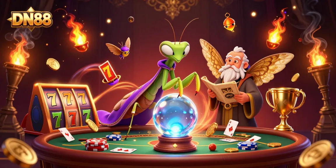 Experience thrilling wins at DN88 with a dynamic 3D fortune teller scene, featuring slot reels and exciting jackpots.
