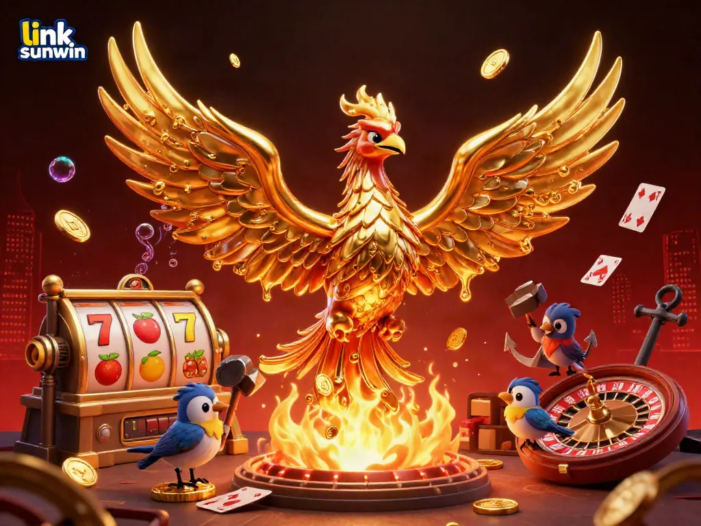 Experience the thrill of gaming at link sunwin with a majestic golden phoenix emerging from a forge surrounded by vibrant slot elements.