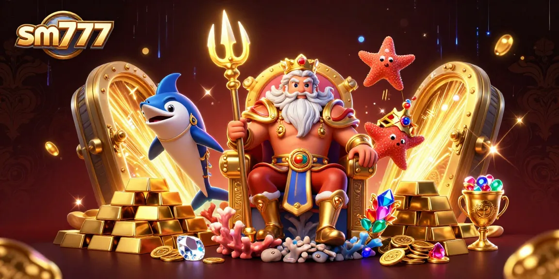 Experience the treasure adventure with sm777, featuring Neptune and samurai amid riches and sparkle.