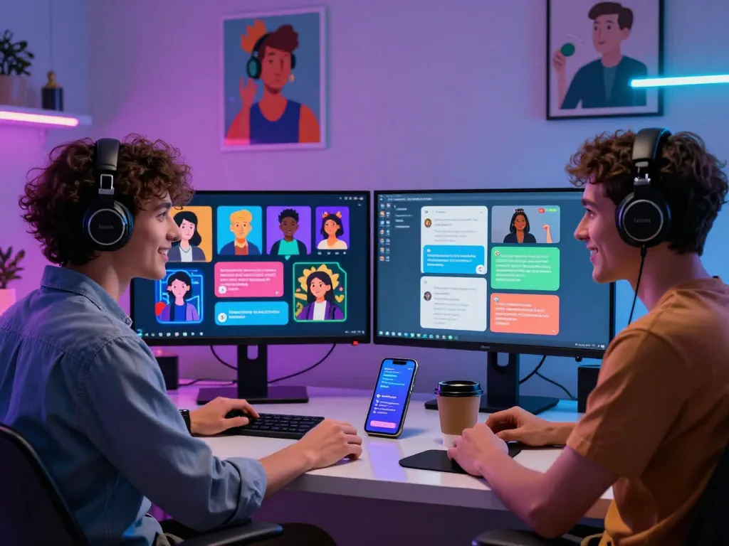 Person interacting with porn ai chat on dual screens in vibrant neon atmosphere