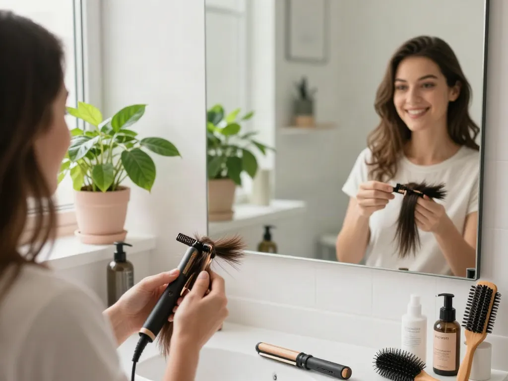 Applying human hair clip in extensions for instant volume and length in a bright bathroom setting.