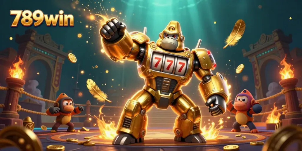Experience thrilling gameplay at 789win with an impressive gorilla mech in action, showcasing slot machine elements.