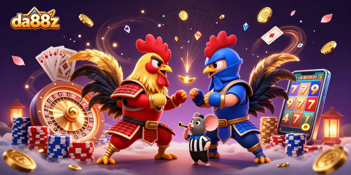 Experience thrilling action with da88z, featuring fighting roosters in a vibrant casino scene.