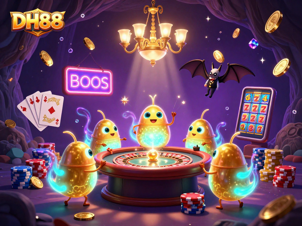Win big with DH88 at the vibrant casino, featuring golden coins, glowing games, and an upside-down dealer.