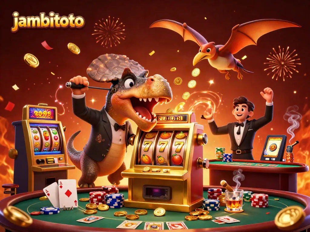 Engage with exciting jambitoto adventures as cartoon characters celebrate a jackpot win at a vibrant casino scene.