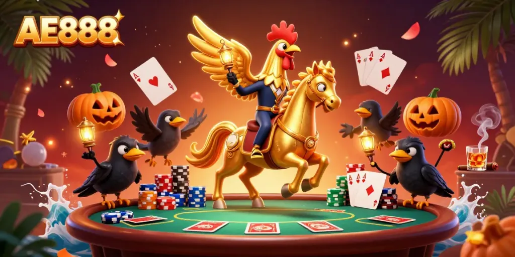 Join the mystical realm of AE888 with a golden rooster and spectral horse amidst vibrant casino excitement.