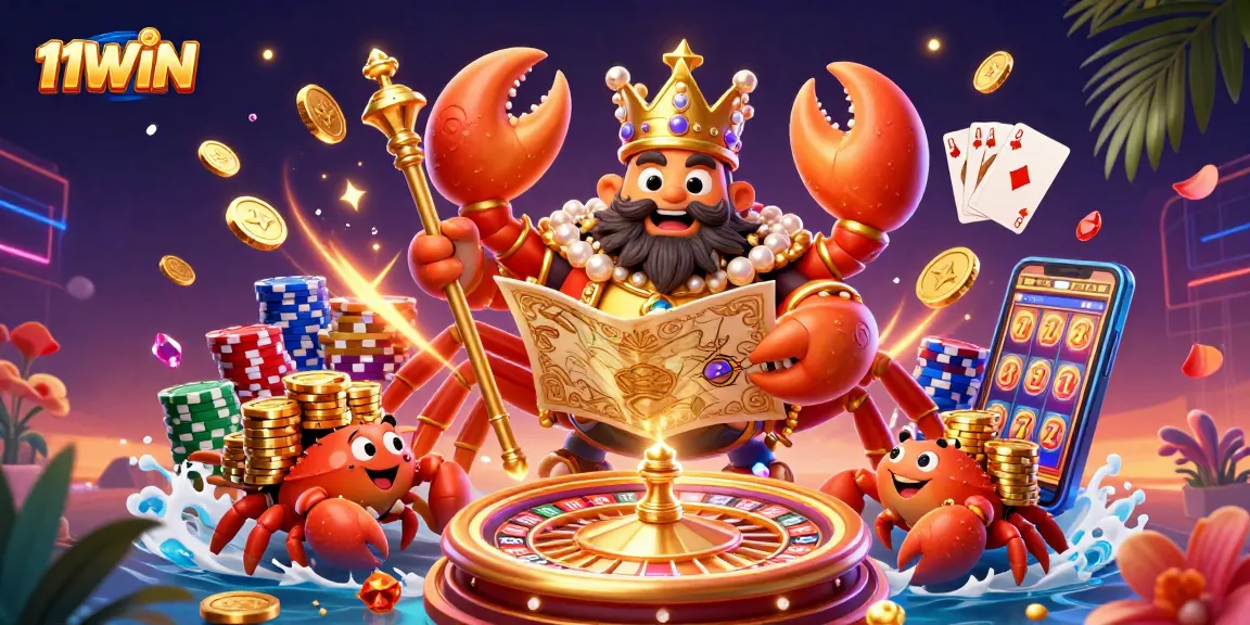Engage with 11WIN in this vibrant casino scene featuring a golden crab and hermit crab helpers amidst dynamic game elements.
