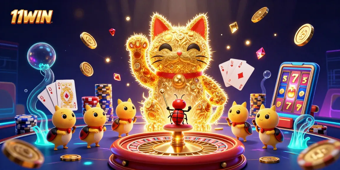 Experience casino excitement with 11WIN's lucky cat illustration, showcasing vibrant symbols and dynamic gaming elements.