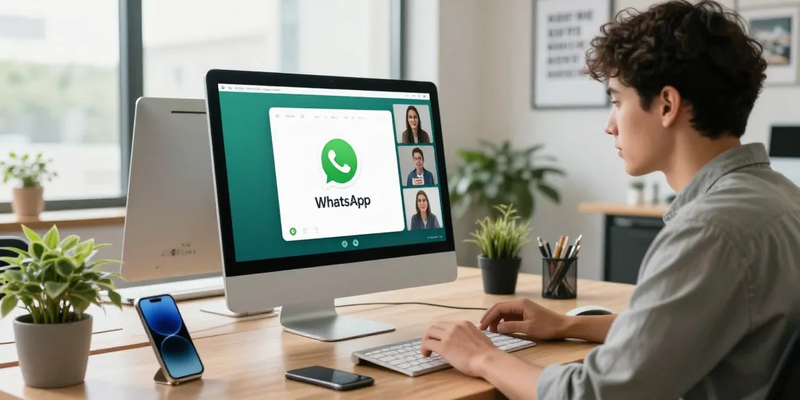Using WhatsApp電腦版, a young professional engages in desktop messaging within a sleek office environment.
