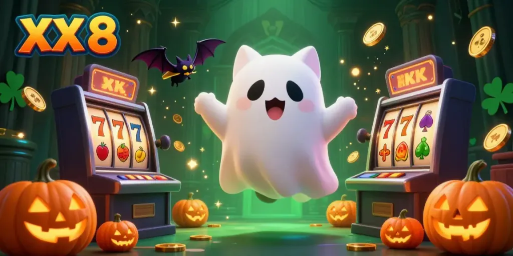 Engage with the thrilling atmosphere of XX 8 in this vibrant casino scene, showcasing a playful ghost cat and spooky elements.