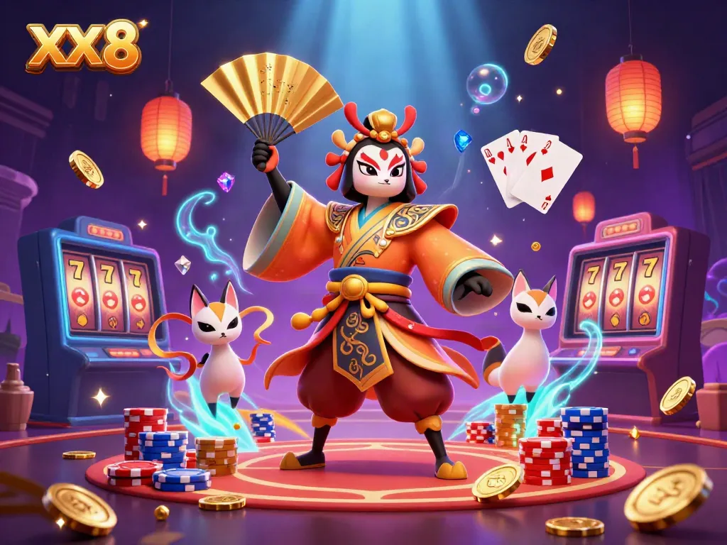 Experience the thrill of XX 8 in a vibrant casino scene featuring a kabuki warrior and gaming elements.