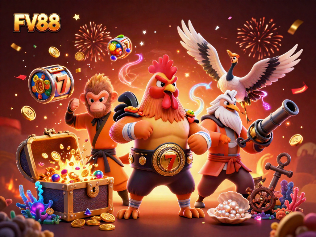 Engage with FV88's thrilling casino experience featuring vibrant characters and rich gaming elements.
