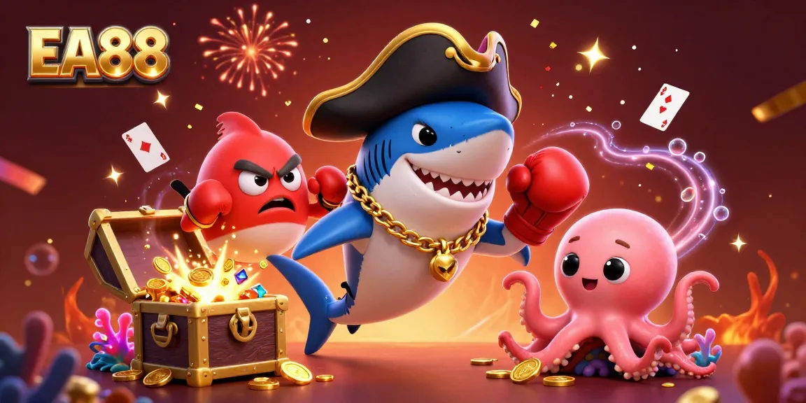 EA88 highlights underwater gambling thrills with a pirate shark, pufferfish, and octopus, rich in 3D details.
