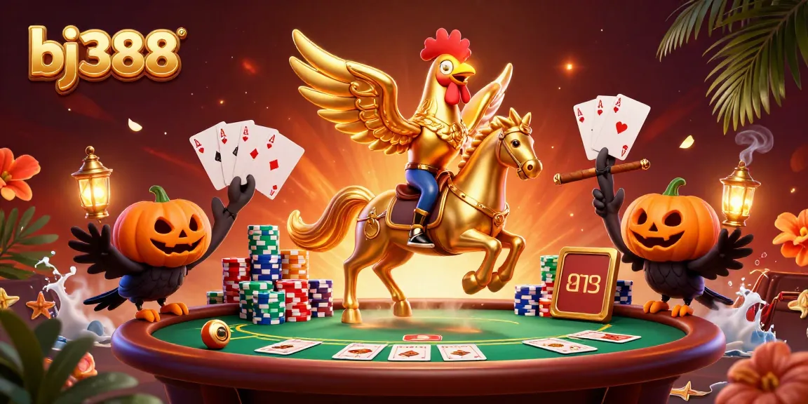 Experience the vibrant gaming world at bj388 as the golden rooster rides through a thrilling casino scene.