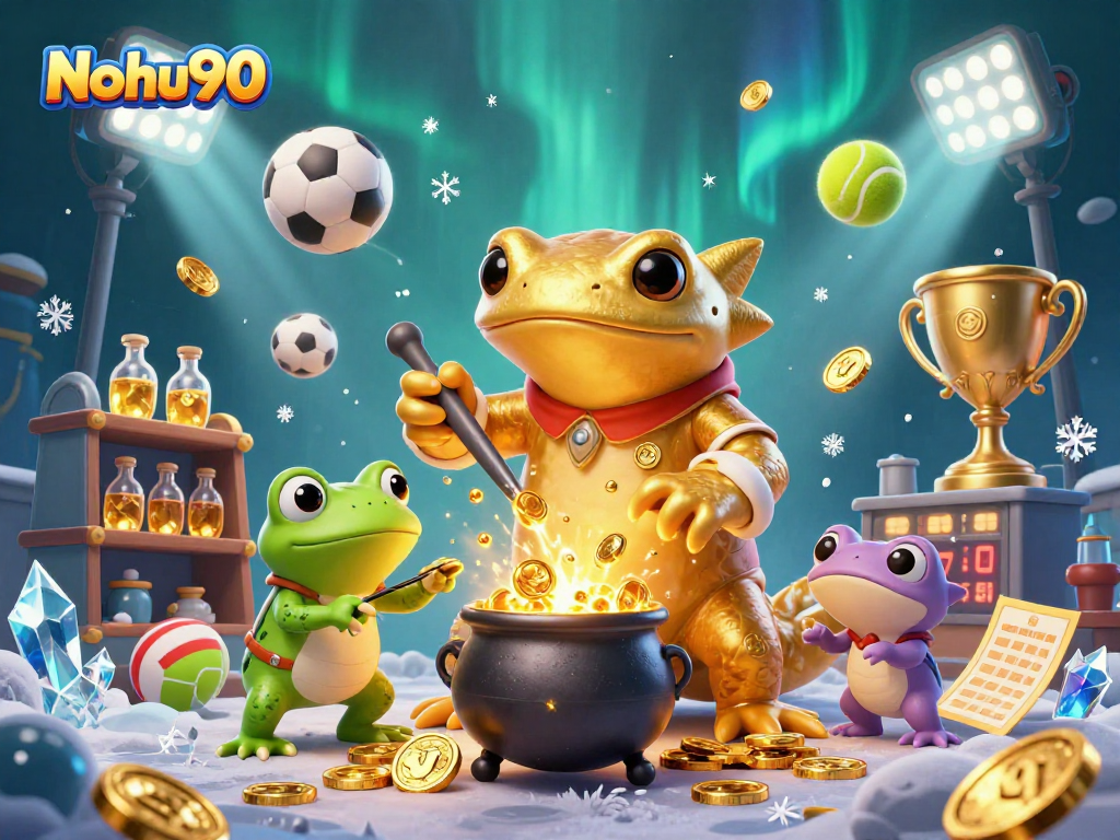 Nohu90 enhances the gaming experience with a captivating 3D illustration featuring alchemical scenes and dynamic sports action.