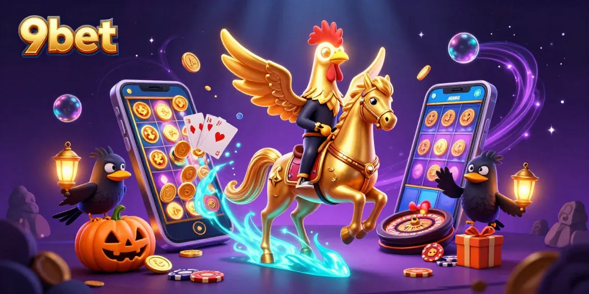 Experience 9bet's thrilling gaming atmosphere with vibrant 3D illustrations of casino adventures.