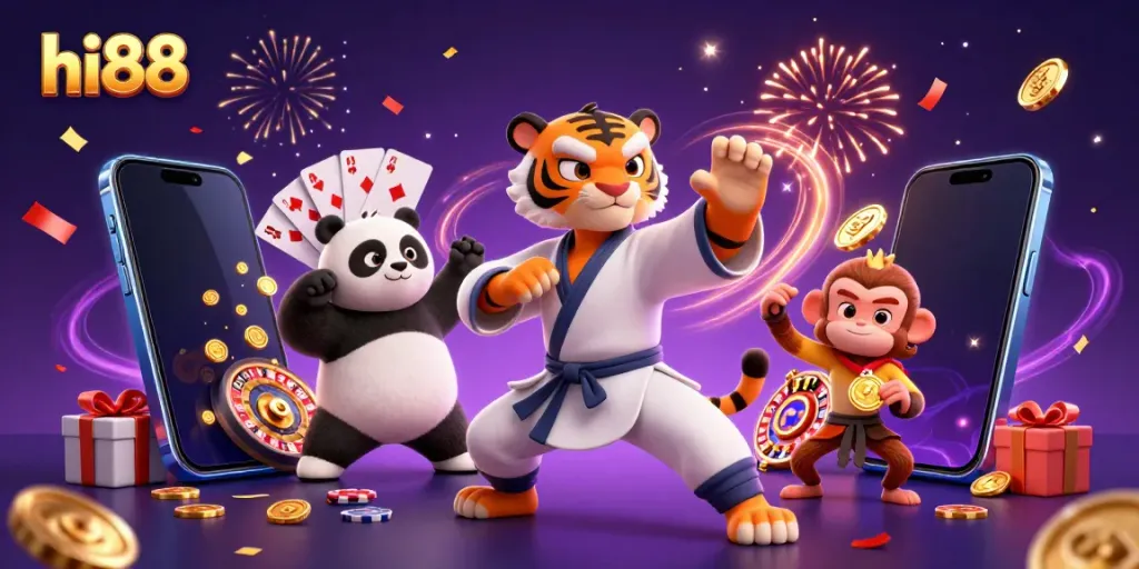 Engaging hi88 casino scene where the kung fu tiger performs challenging moves surrounded by colorful slot elements.