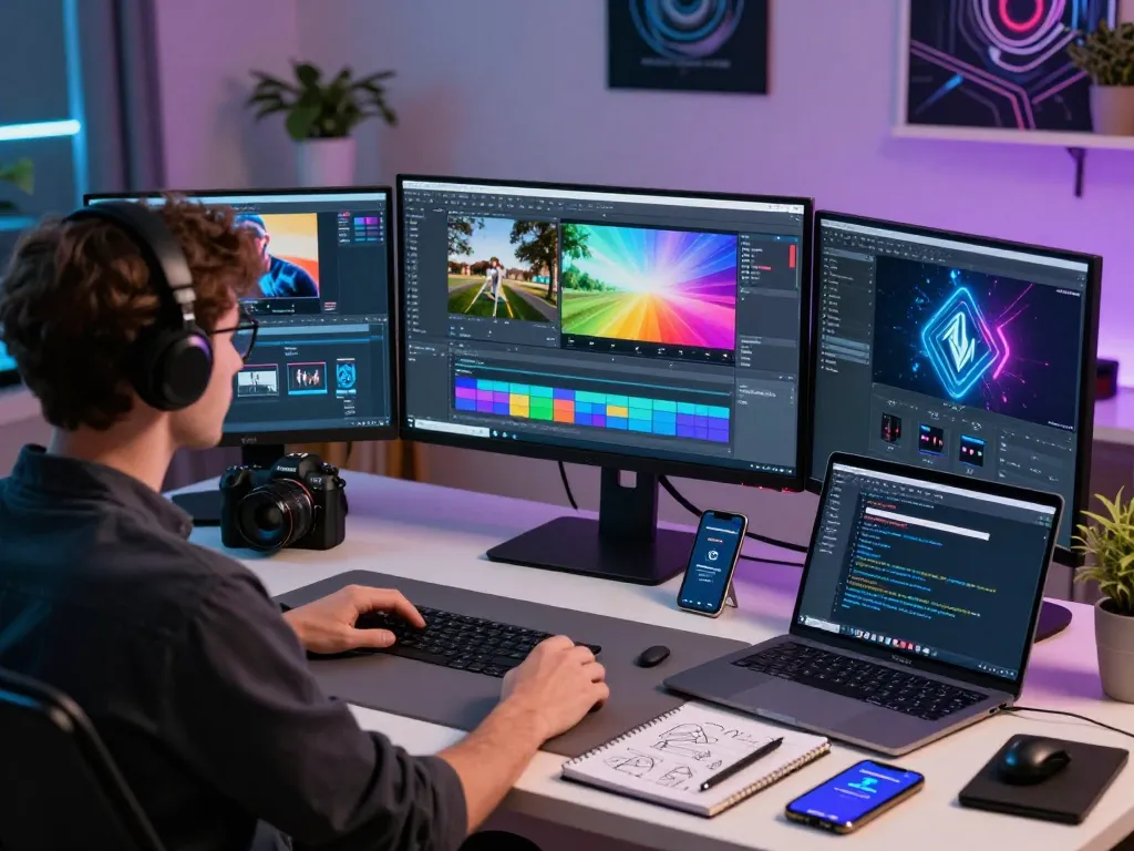 Creator using kling 2.20 in advanced motion control studio with vibrant video outputs and AI tools.