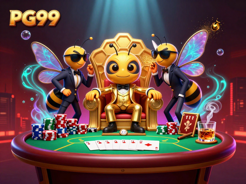 Experience excitement at PG99 with a vivid poker showdown scene featuring elite characters.