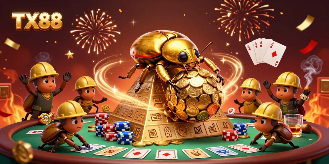 Join the excitement at TX88 with a dynamic scene of golden beetles rolling coins and poker elements.