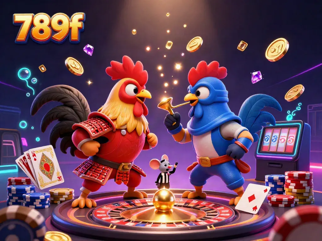 Engage in thrilling gameplay at 789f with twin roosters in an epic standoff, surrounded by casino elements.