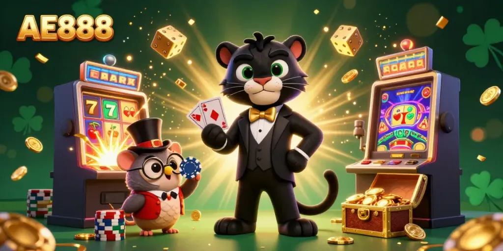 Experience the excitement of AE888 with vibrant characters and casino elements amidst a jackpot explosion.