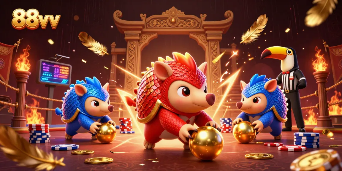 Experience thrilling action in 88vv with rival pangolins bowling through poker chips in a vibrant scene.