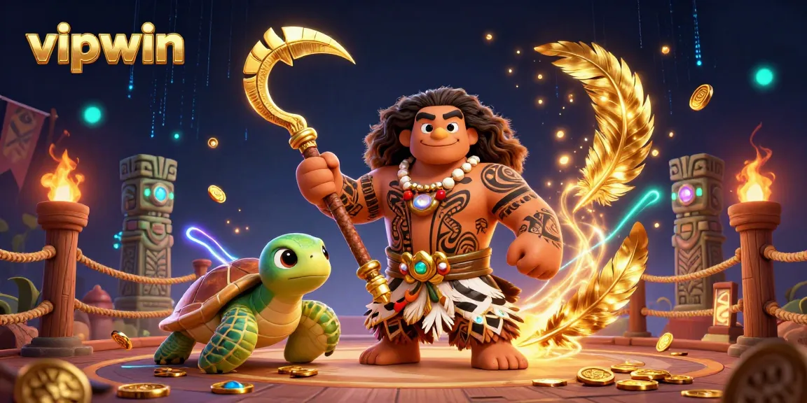 Experience thrilling gameplay with vipwin's vibrant 3D illustration featuring a demigod and tribal elements.
