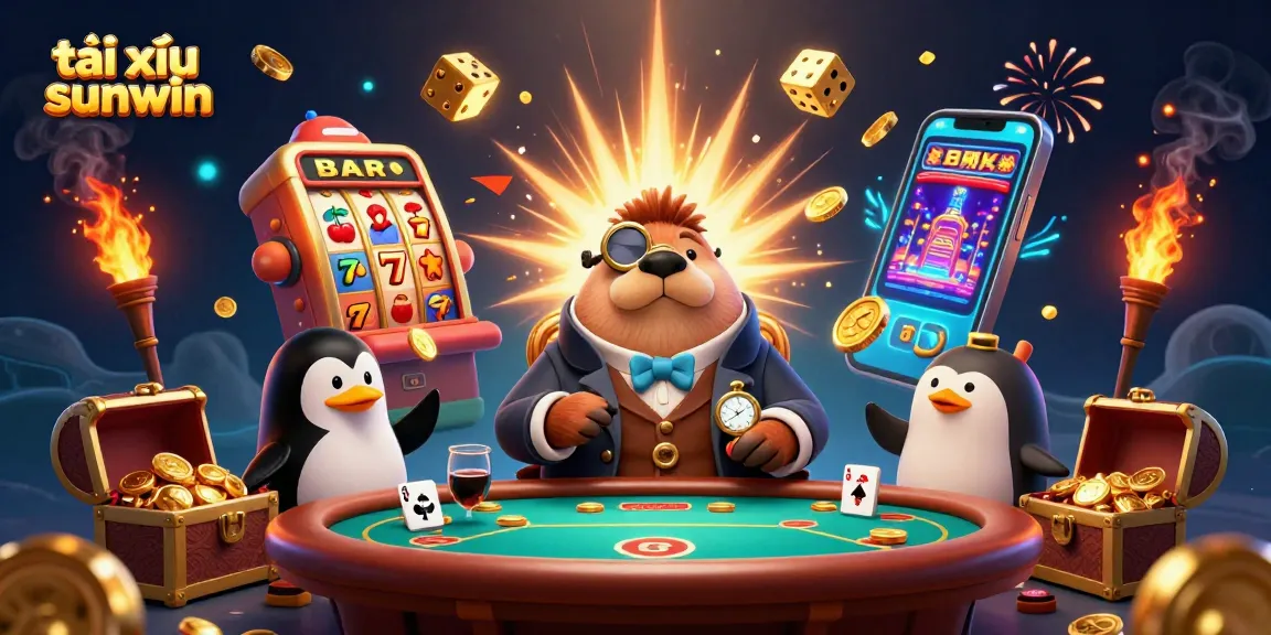 Experience the thrill of tài xỉu sunwin with a jolly walrus and vibrant casino elements surrounding them.