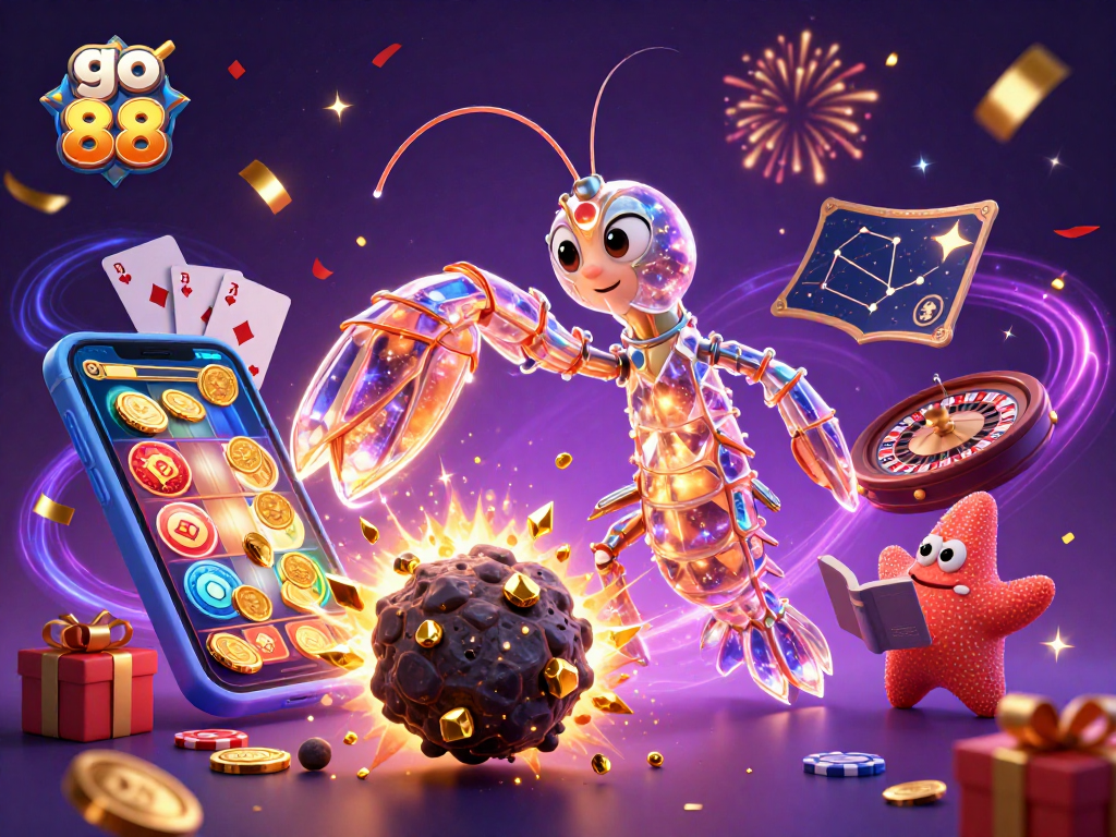 Engage in exhilarating gaming with go 88's colorful slot games and exciting gems amidst a stellar backdrop.
