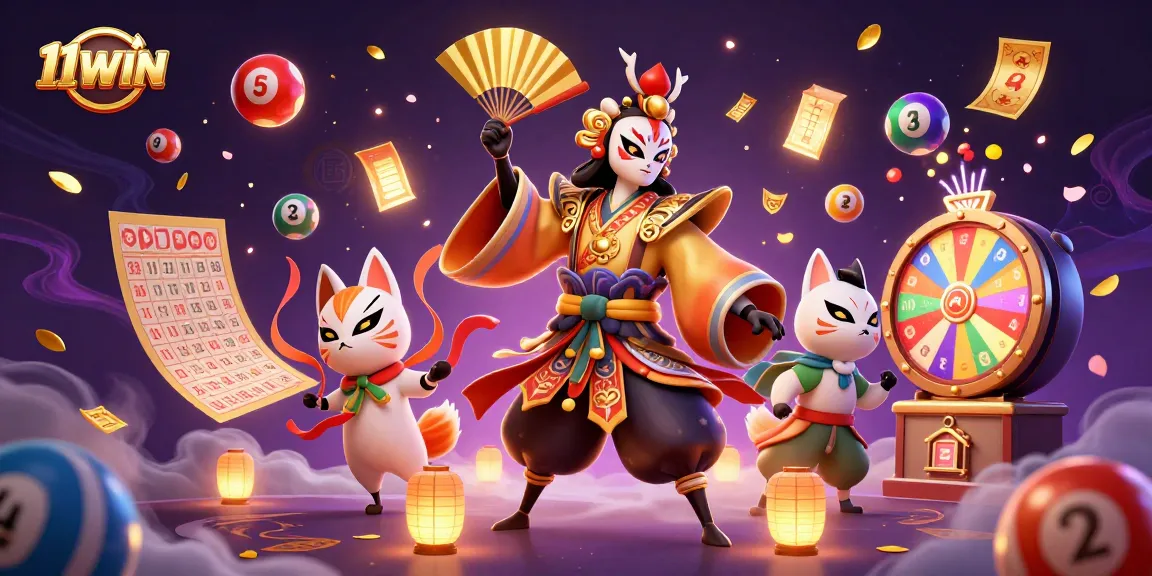 Engage in thrilling gameplay with 11WIN as a kabuki warrior and kitsune companions celebrate casino victories!