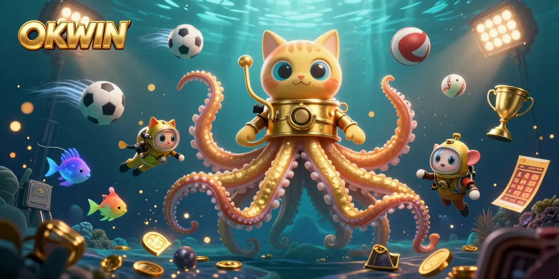 Join OKWIN in a thrilling ocean adventure with a kraken, diving cat, and deep-sea fish, capturing excitement and fun!