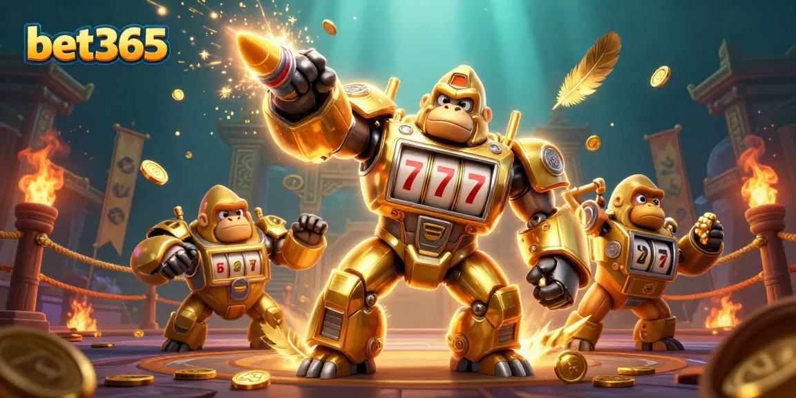Experience the excitement of bet365 with a golden gorilla mech and vibrant casino elements.