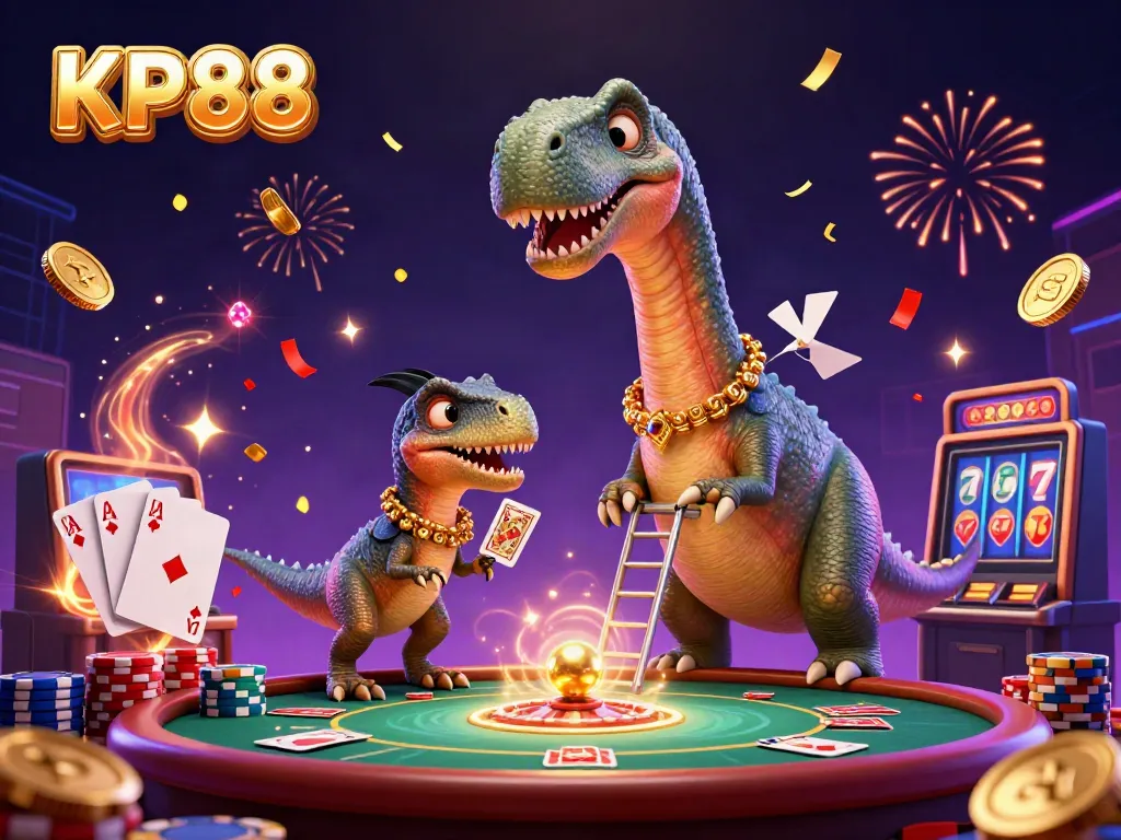 Join the KP88 fun with a massive brontosaurus at a lively casino, scattering gold coins and festive energy!