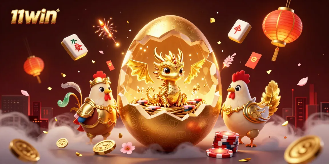 Experience the excitement of 11WIN with a golden dragon amidst poker chips in this vibrant casino scene.