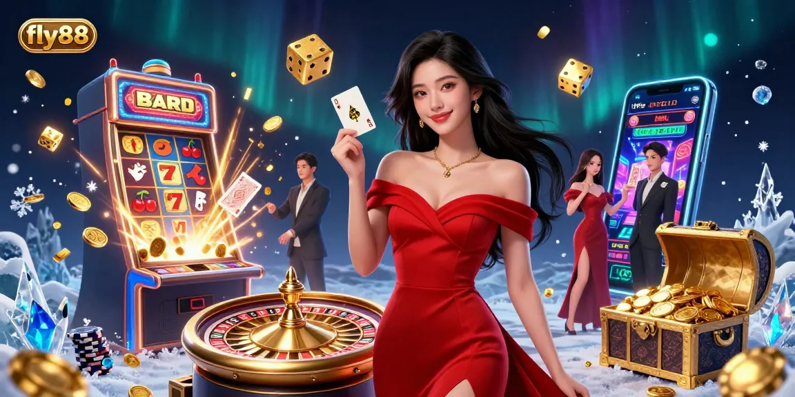 Experience the excitement of gambling with fly88, featuring a charming woman, roulette wheel, and jackpot explosion.