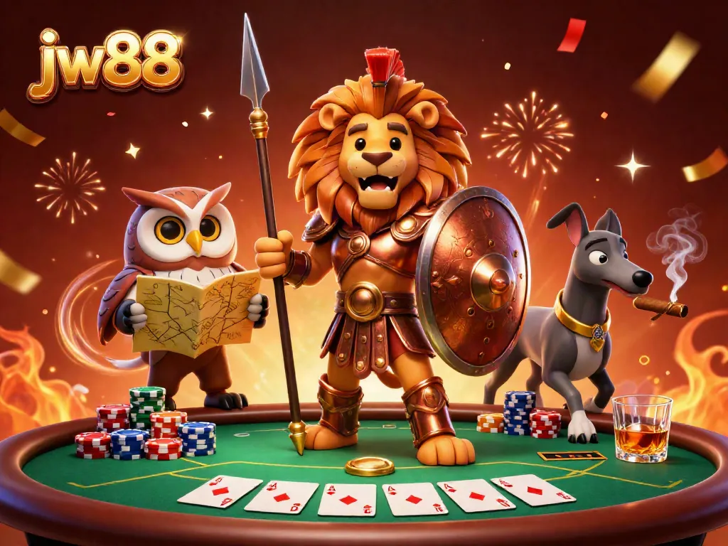 Elevate your game with jw88 as a Spartan lion leads the charge in a vibrant, action-packed scene.