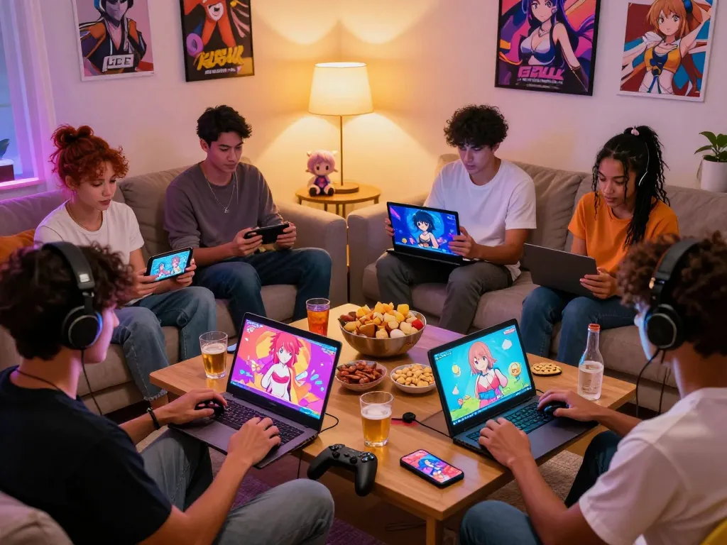Engaging group playing porn game online in a cozy gaming setup.