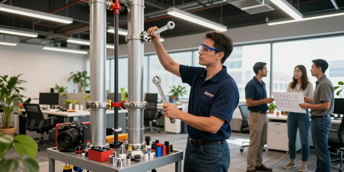 Expert plumber performing commercial plumbing in San Diego office, showcasing professional skills and tools.
