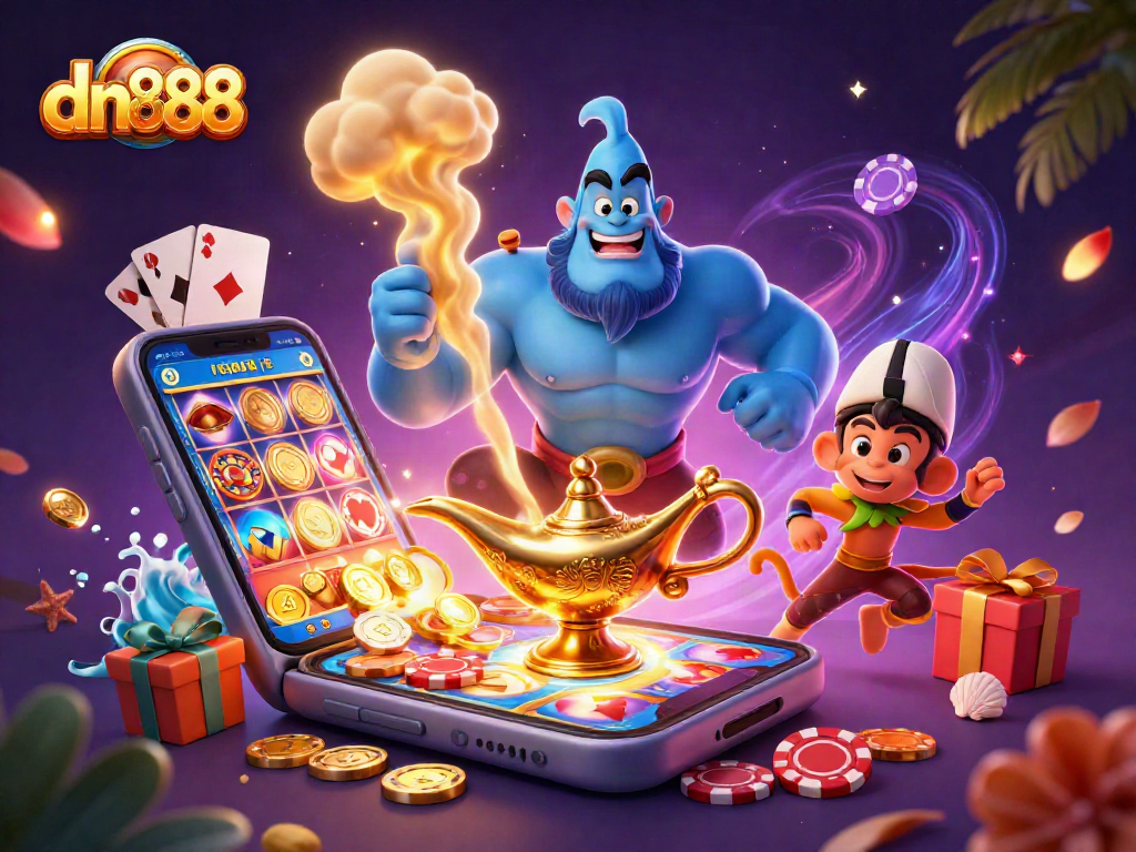 Spin and win at dn888 with vibrant casino characters enjoying exciting gaming elements.