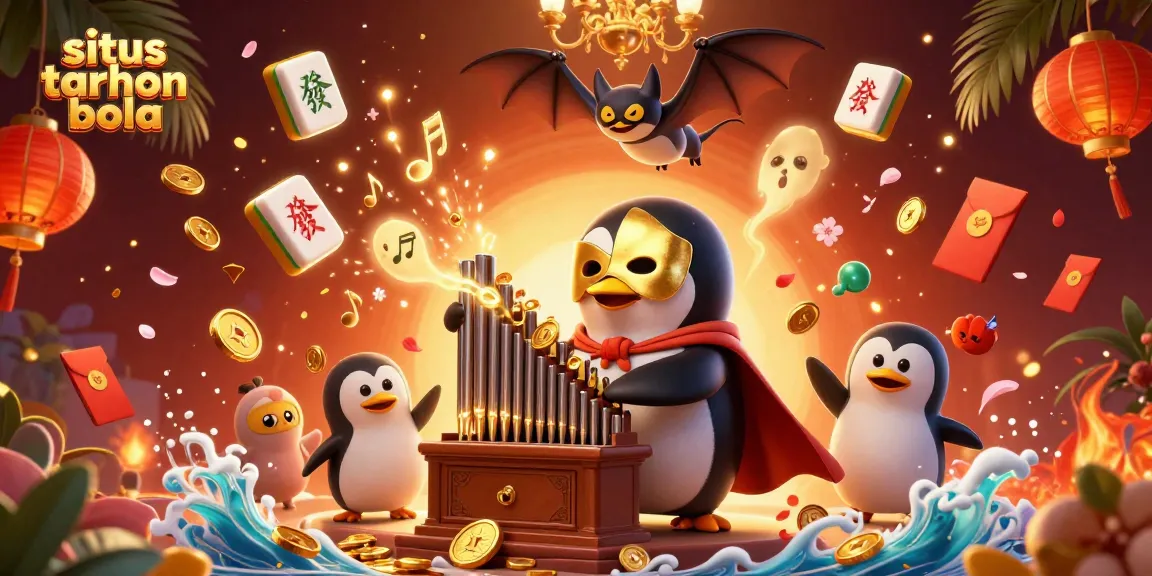 Engage with situs taruhan bola as a penguin plays an organ shooting gold coins, with festive decorations.