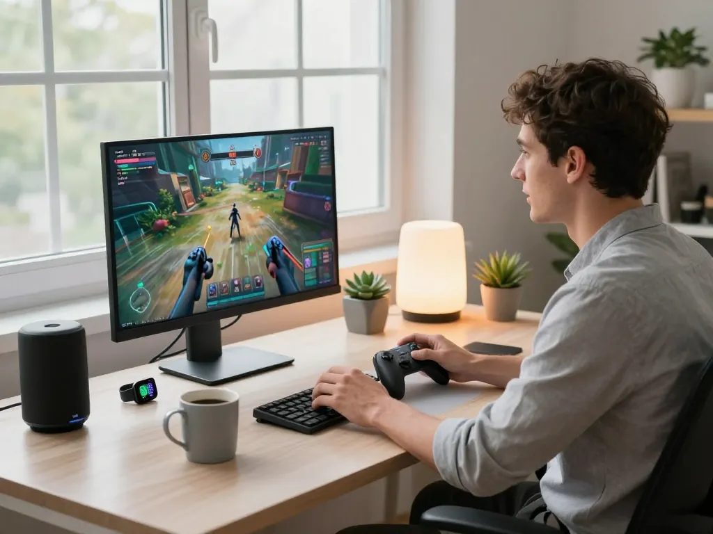 Engaged user exploring smart tech gadgets like Bluetooth gaming controller and wireless speaker in a modern workspace.