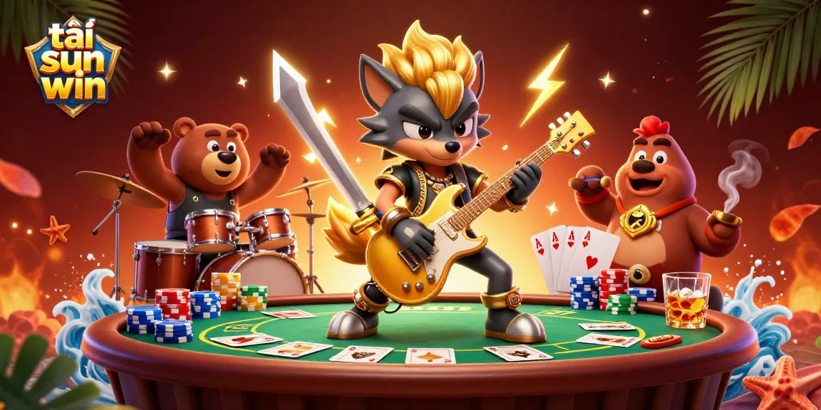 This vibrant illustration showcases the tải sun win universe with animated characters on a poker stage.