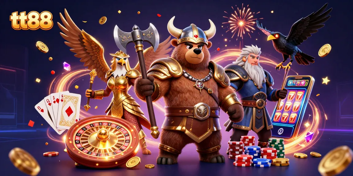 Experience top-tier gaming action at tt88 with a dynamic Viking scene amidst coins and cards.