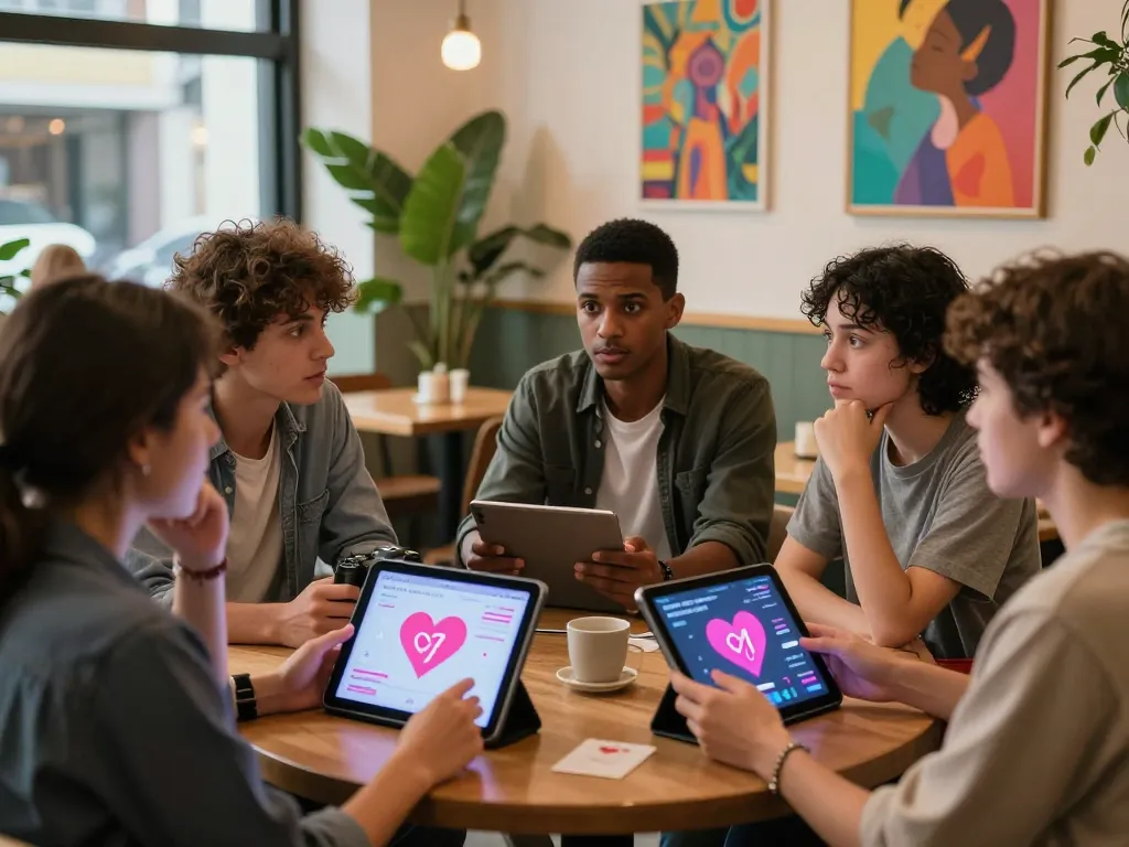 Engaging discussion on sex AI in a cozy café, showcasing diverse individuals exploring digital intimacy.