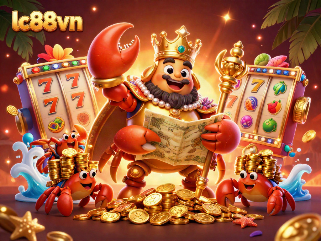 Experience thrilling gaming with lc88vn's golden crab emperor amidst vibrant casino slots.